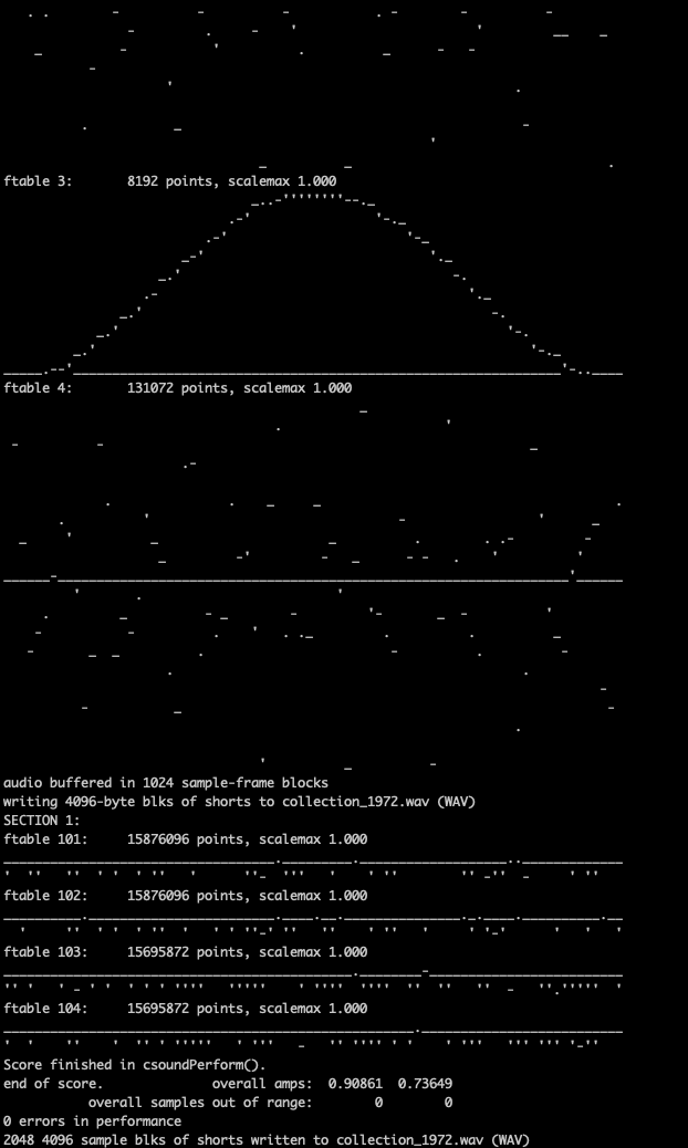 A terminal window with the output from Csound as it compiles a new piece.