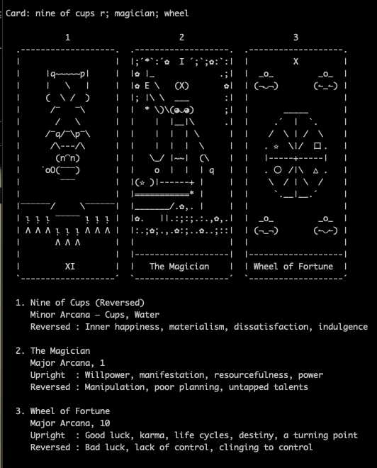 Reversed IX of Cups, The Magicial, and The Wheel Of Fortune in ASCII Art in a console.