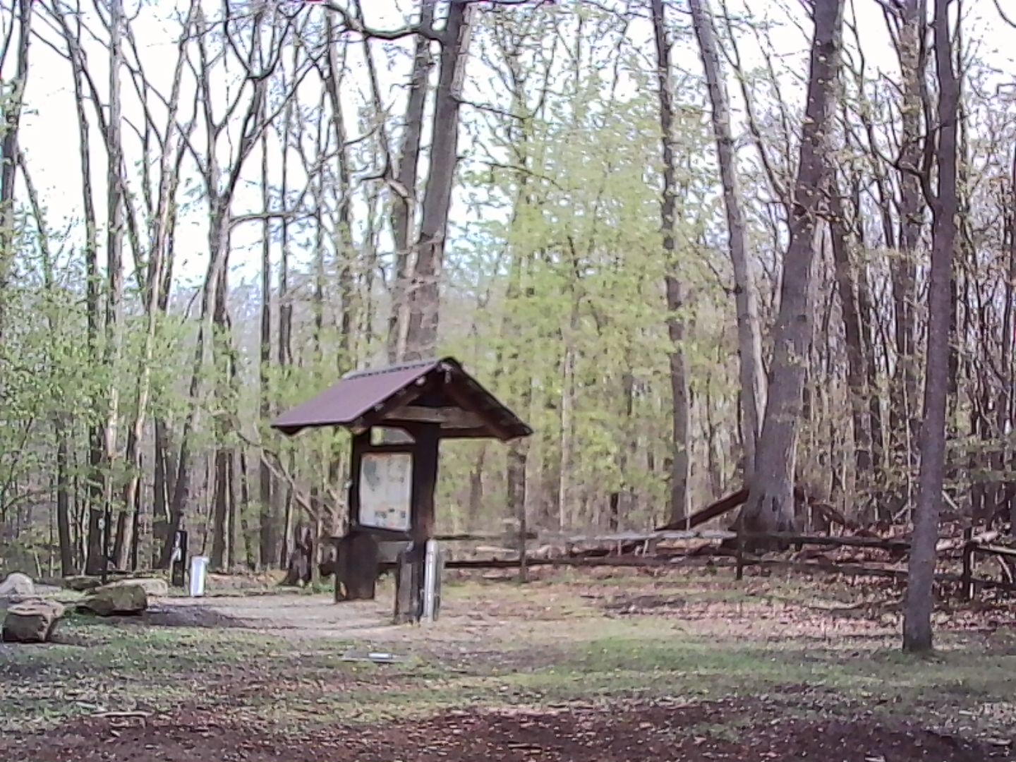 A kiosk in front of trees at the park nead a main trailhead. A kiosk at the local park